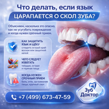 Cкол зуба царапает язык