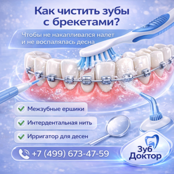 Чистка зубов с брекетами
